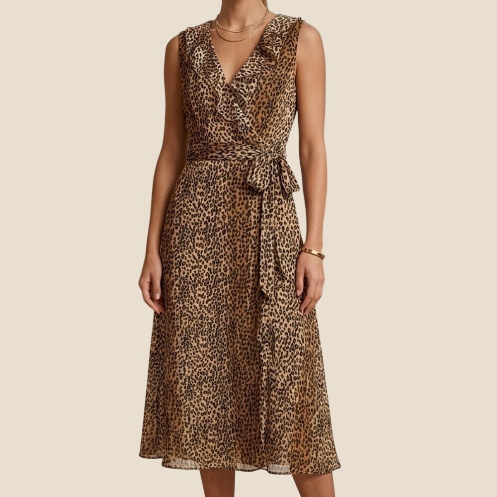 Ultra Dress New York Womens 14P Leopard Print Ruffle V-Neck Wrap Midi Dress